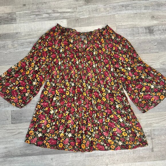 Ninety Clothing Co. Multicolor Floral Crinkle Blouse Bell Sleeve F10 - Picture 1 of 5